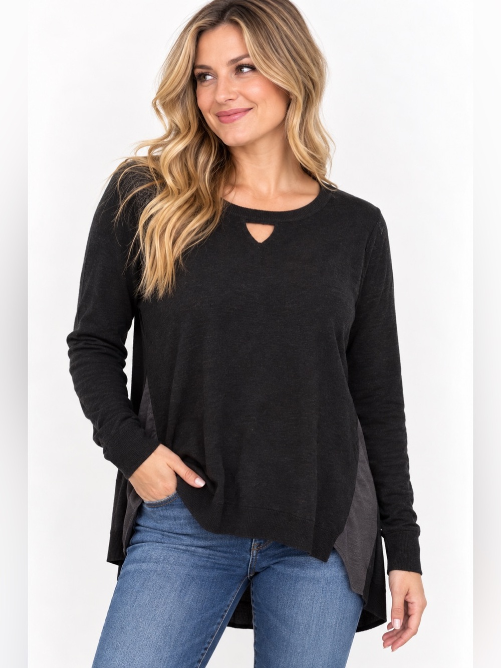 One A Black Keyhole Pullover Top with Side Panel Detail
